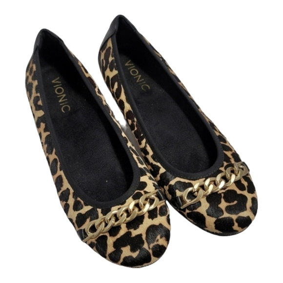 Vionic Spark Pera Flats Gold Chain Leopard Calf Hair 6 - Picture 1 of 7